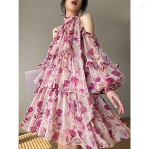 Sukienki swobodne kobiety odzież 2023 Modna wiosenna letnia styl francuski kwiatowy słodki lanter z rękawem niszowy bajkowy bajkowy sukienka kwiatowa