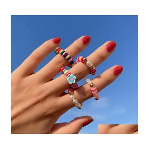 Cluster Rings Shixin Bohemia Handmade Ring For Women Colorf Elasticity Pearl Beaded Flowers Summer Fashion Cute Knuckles Jewelry Dro Dhia7