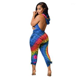 Kvinnors jumpsuits rompers Summer Tie Dye Print Sexig backless Hooded Jumpsuit Draped V Neck Sleeveless Slim Women Romper Fashion Casual Ove