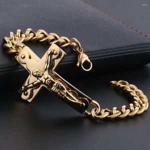 Link Bracelets Gold Silver Color Stainless Steel Cuff For Men Jesus Cross Chain Metal Religious Crucifix Jewelry MN01