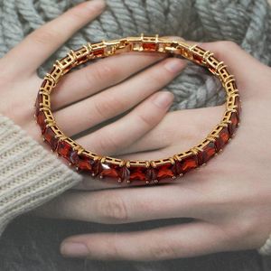 Charm Armband Luxury Red Fashion Crystal Link Chain Square Armband For Women Girls Rose Gold Color Ruby Stone Bangles Jewelry Gift