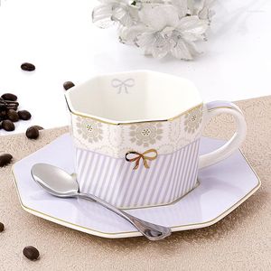 Filiżanki spodki Europejskie kości China Puchar kawy spodek herbaciany ceramiczny angielski garnek dom prosty fioletowy ośmioboczny kubek