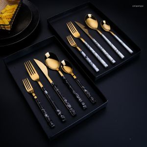 Dinnerware Sets Stainless Steel Japanese Style Tableware Imitation Wood Grain Gold Knife Fork Spoon Five Piece Set Steak