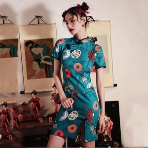 Roupas étnicas chinesas chineses cheongsam para mulheres vestido de fã de fãs desing Qipao Party Performance Sleeve curta