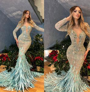 Luxurious Feathers Mermaid Prom Dresses Sheer Neck Party Dresses Crystals Lace Custom Made Evening Dress