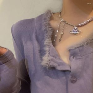 Pendant Necklaces MENGJIQIAO Trend Elegant Pearl Purple Beads Choker Necklace For Women Girls Fashion Heart Space Crystal Party Jewelry