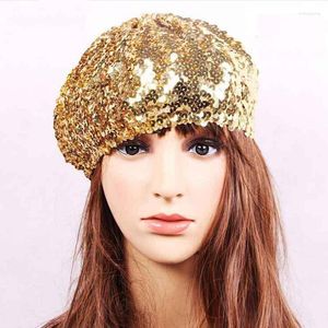 Berets Women Sequins Beret Hat Metallic Shining Costume Headwear Dance Party Show Advertising Caps Ladies Fashion Club Glitter