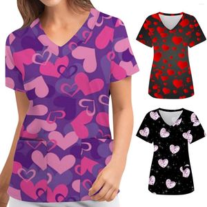 Women's Blouses Women Fashion Love Print Short Sleeve Workwear V Neck Pockets Tops Working Blouse Shirt
