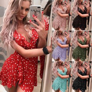 Casual Dresses Women Dress Boho Summer Polka Dot Print Short Sleeve V-Neck Elegant Ladies Holiday Beachdress Ruffles Mini Clothing