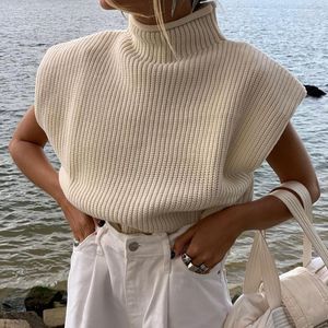 Women's T Shirts Women Shoulder Pad Sweater Top Sleeveless Turtleneck Pullover Vest Wide Knitted Jumper Fashion Streetwear