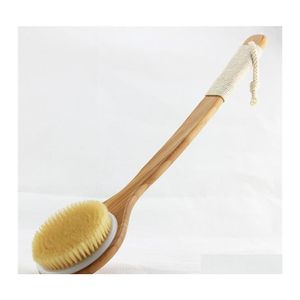 Bath Brushes Sponges Scrubbers Natural Bristle Brush Long Handle Wooden Scrub Skin Mas Shower Body Round Head Brushes Bathroom Ac Ote72