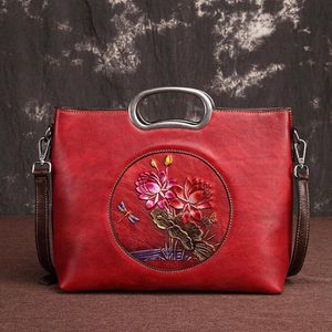 Kvällspåsar topphandtag vintage kohud tyg kvinnlig handväska präglad blommönster stor kapacitet äkta läder messenger shou