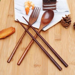 Dinnerware Sets Wooden Cutlery Spoon Fork Travel Wood Set Chopsticks Eating Salad Dessert Tableware Silverware Japanese Utensil Table Forks
