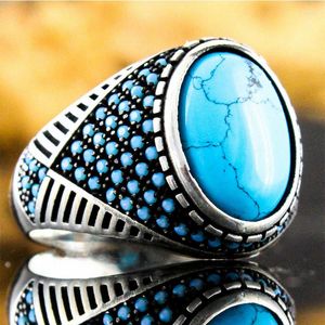 Wedding Rings Turkish Handmade Vintage Big Oval Natural Turquoise Stone Ring For Men Women Retro Gold Silver Color Blue Bead Band Gift