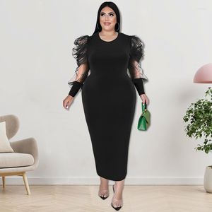 Plus Size Dresses 2023 Solid Color Tight Long Dress Party Style Round Neck Mesh Panel Bubble Sleeve Elegant Women's