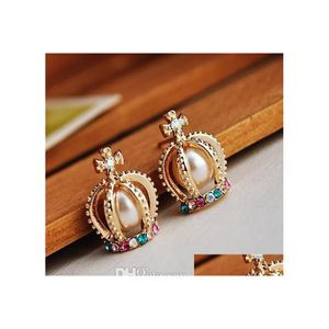 Stud Ladys Accessories For Women Fashion Jewelry Refined Colorf Rhinstone Golden Crown Pearl Princess Earrings Drop Delivery Dhj4X
