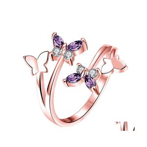 Cluster Rings Fashion Butterfly Amethyst Purple Crystal Zircon Diamonds Gemstones For Women Rose Gold Color Jewelry Bijoux Accessori Dhfyz