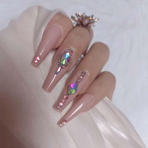 False Nails 24pcs Latest Luxury Jewelry Ballet Coffin Fake Nail Crystal Diamond Khaki