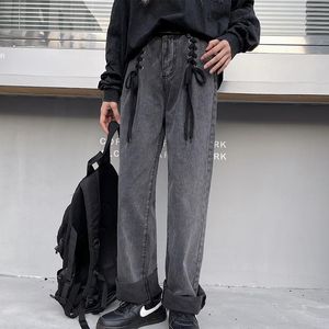 남성 청바지 고발 한 한국 패션 세척 프라이 수제 손 꼰 로프 레저 느슨한 넓은 다리가 똑바로 캐니스터