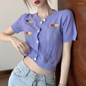 Women's Knits Embroidered Flower Hollow Out Summer Vintage Clothes For Women Short Sleeve Sweaters Tops Blouses Vetement Femme 2023