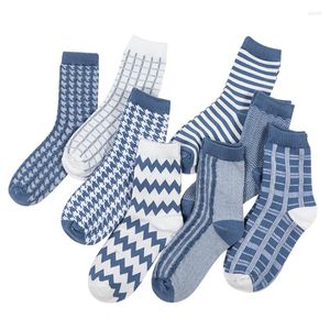 Women Socks 8 Pairs Japanese Blue Series Vintage Striped Lattice Girl Cotton Fashion Warm Kawaii Sock For Woman