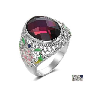 Klusterringar Fashion Chunky Purple Stone Hollow Flower Emaljing Mönsteruttalande för kvinnor Girl Wedding Jewelry Drop Delivery Ring Dhfjy