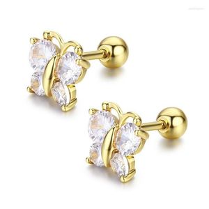 Stud Earrings Cute Butterfly Cz Zirconia Screw Back For Women Kids Child Baby Girls Brass Gold Color Jewelry Kolczyki Oorbellen