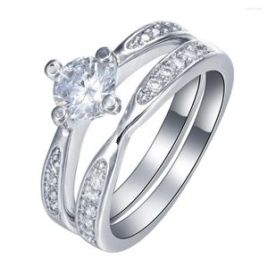 Wedding Rings UFOORO Women Ring Rhodium Plated Paved Cz Zircon White Color Princess Cut Lady Gift Vintage Engagement Set
