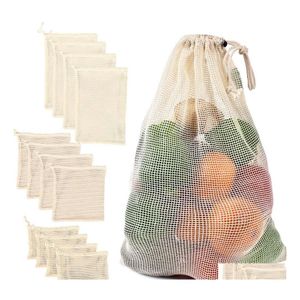 Storage Baskets Cotton Mesh Vegetable Bags Produce Bag Reusable Kitchen Fruit With Dstring Drop Delivery Home Garden Housekee Organiz Dhozy