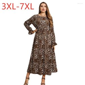 Casual Dresses 2023 Ladies Spring Autumn Plus Size Lång klänning för kvinnor stor ärm Löst leopardtryck 3xl 4xl 5xl 6xl