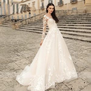 Elegant Long Sleeves Lace A Line Wedding Dresses Sheer Scoop Neck Tulle Applique Sweep Train Bridal Gowns Bride Dress Custom Made 267B