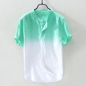 Camisetas masculinas de verão gradiente de corante colorido colorido de colarinho respirável e fino pendurado algodão tingido camisas de hombre