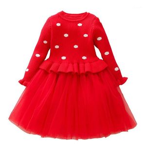 女の子のドレスかわいい女の子のクリスマスドレス冬の秋の長袖ドットメッシュニットセータープリンセスベビー服