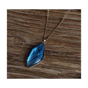 Pendant Necklaces Natural Energy Labradorite Crystal Gem Mineral Leaf Shape Healing Meditation Fashion Accessories Giftpendant Drop Dhedv