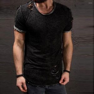 Magliette da uomo T-shirt estiva Tinta unita Manica corta Misto cotone Design con fori Top Pullover T-shirt slim casual strappata vintage