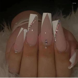 False Nails 24Pcs/Box White French Fake Ballerina Wearable Press On Rhinestones Design Full Cover Acrylic Nail Tips