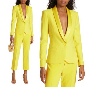 Menina de cetim amarelo de primavera Meninas de calças para o casamento Mãe da noiva Festa noturna Blazer convidado Vestir 2 peças