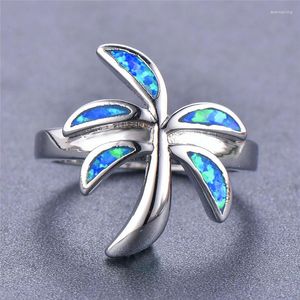 Wedding Rings Boho Female Blue White Opal Jewelry Charm Silver Color Thin For Women Dainty Bride Coconut Tree Engagement Ring