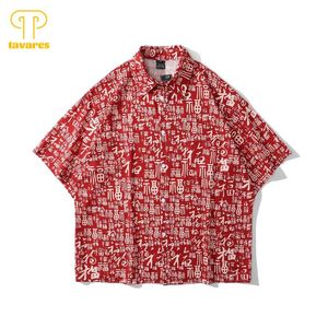 Camisas casuais masculinas Tavares Men Summer Summer Shorve Sleeve Style Chinese Red Word Women Hawaii Beach Bloups Oversize Cardigan