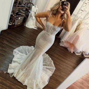 Sparkly Sequins Mermaid Wedding Dresses Bridal Gown Spaghetti Straps Tulle Custom Made Beach Country Plus Size Vestido De Novia 403