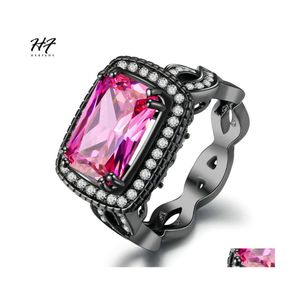 Cluster Ringe Luxus Mode Quadrat Rosa Zirkonia Schwarz Gold Farbe Ring Cocktail Für Frauen FL Größe Verkauf DD041 Drop Lieferung Jude Dhvtq