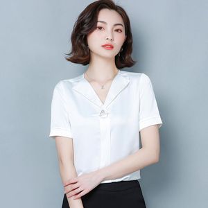 여자 T 셔츠 아세테이트 새틴 캐주얼 짧은 슬리브 탑 2023 여름 디자인 옷 여성 v- 넥 단단한 흰색 티 한국 패션 블라우스