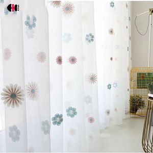 Cortina de cortina azul pura para a sala de estar bordado floral Voile rústica Voile deslizante Porta de vidro Drapes de janela