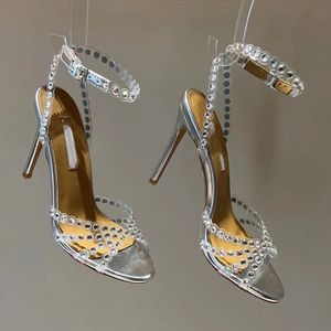 Novità Stagione Aquazzura Scarpe Tequila Sandali 100 Sparkling Party Italy Clear Pvc Crystals Tacco a spillo Matrimonio Sposa