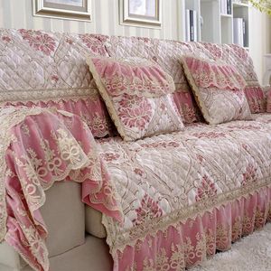 Chair Covers 1 PCS (not A Complete Set) Pink European Style Sofa Seat Living Room Combination Lace Fabric Non-slip Royal Sleeve Cover
