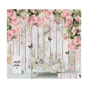 Tapeten Tapeten Custom Mural Tapete 3D Pink Blume Bird Schmetterling Holzbrett Wandmalerei Wohnzimmer Schlafzimmer Romantische Wohnkultur d Dhw7a