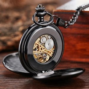 Relógios de bolso Classy Black Winding Mechanical Watch Chain Men Flip Plain Flip para o laser gravado sem presente de bateria