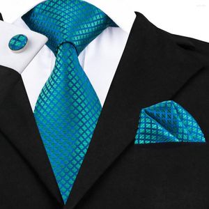 Bow Ties Hi-Tie Blue Plaid Silk Jacqurare Woven Mens Set For Men Necktie Pocket Square Cufflinks Tie Gravata SN-1610