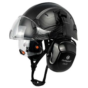 Casco di sicurezza con motivo in fibra di carbonio da costruzione CE con doppia visiera e paraorecchie EN352 per casco da ingegnere in ABS industriale