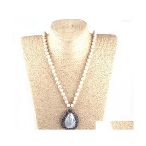 Colares pendentes Moda de 8 mm de pedra bege de pedra longa com nodomos artesanais de cristal pavimentado gotas de gotas de colar ￩tnico Jewelr Dh05f